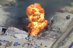 In this image from video by KDFW, a fire burns at the Tri-Chem Industries plan in Cresson, Texas. Officials said fears of another blast amid the toxic chemicals prevented crews from battling the blaze.