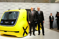 VW group CEO Matthias Mueller, left, and CFO Frank Witter, right, pose in front of a self driving concept car prior to the annual media conference of the Volkswagen group, in Berlin, Germany, Tuesday, March 13, 2018.