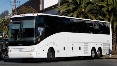 In this June 14, 2013 file photo, a Google shuttle bus arrives at 18th and Dolores streets to pick up employees in San Francisco. A transit agency in Silicon Valley has set up six cameras in an effort to count how many buses carrying Apple, Google and other tech employees are using its roads. Officials with the Santa Clara Valley Transportation Authority say the companies have been unwilling to share information about their shuttle buses and they are having to 'spy' on them with video cameras.