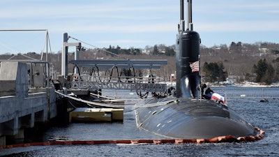 In this Thursday, March 15, 2018 photo, preparations are under way for the commissioning of the U.S. Navy Virginia-class attack submarine PCU (pre-commissioning unit) Colorado (SSN 788) at the naval submarine base in Groton, Conn. The submarine will be the USS Colorado and begins service Saturday, March 17, 2018, at the Naval Submarine Base in Groton.