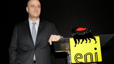 In this March 15, 2017 file photo, Eni CEO Claudio Descalzi stands prior to the Eni investor meeting, in Milan, Italy. A corporate bribery trial billed as the biggest in history is opening Monday, March 5, 2018 in Milan against the Shell and Eni oil companies as well as former and current executives, all charged in a $1.1 billion scandal to win control of one of Nigeria’s most lucrative oil blocks.
