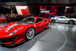 The new Ferrari 488 Pista is presented during the press day at the 88th Geneva International Motor Show in Geneva, Switzerland, Tuesday, March 6, 2018. The Motor Show will open its gates to the public from March 8 to 18.