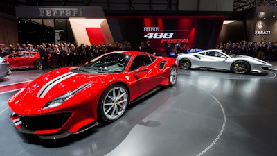 The new Ferrari 488 Pista is presented during the press day at the 88th Geneva International Motor Show in Geneva, Switzerland, Tuesday, March 6, 2018. The Motor Show will open its gates to the public from March 8 to 18.