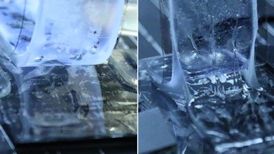 An unmodified hydrogel (left) peels off easily from an elastomer. A chemically-bonded hydrogel and elastomer (right) are tough to peel apart, leaving residue behind.