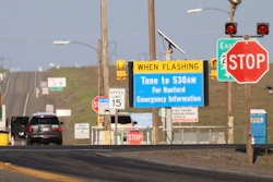 In this May 9, 2017, file photo, an emergency sign flashes outside the Hanford Nuclear Reservation in Benton County Tuesday in Washington state. The federal government is demanding that the company building a giant nuclear waste treatment plant in Washington state provide records proving that the steel used in the nearly $17 billion project meets safety standards.