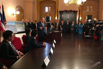 Governor John Kasich addressed Sean Kim and Kongkrapan Intarajang, chief operating officer for upstream petrochemical business at PTT Global Chemical Public Company Limited, at a news conference about the Belmont County project March 12, 2018.
