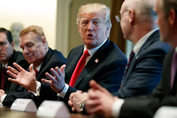 President Donald Trump speaks during a meeting with steel and aluminum executives in the Cabinet Room of the White House, Thursday, March 1, 2018, in Washington. From left, Roger Newport of AK Steel, John Ferriola of Nucor, Trump, Dave Burritt of U.S. Steel Corporation, and Tim Timkin of Timken Steel.