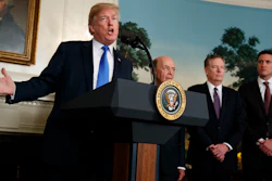 President Donald Trump speaks before he signs a presidential memorandum imposing tariffs and investment restrictions on China in the Diplomatic Reception Room of the White House, Thursday, March 22, 2018, in Washington. Secretary of Commerce Wilbur Ross, United States Trade Representative Robert Lighthizer, and White House homeland security adviser Tom Bossert listen.