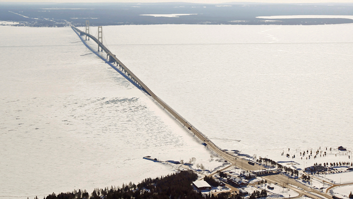 This aerial file photo shows a view of the Mackinac Bridge, which spans a 5-mile-wide freshwater channel called the Straits of Mackinac that separates Michigan's upper and lower peninsulas.