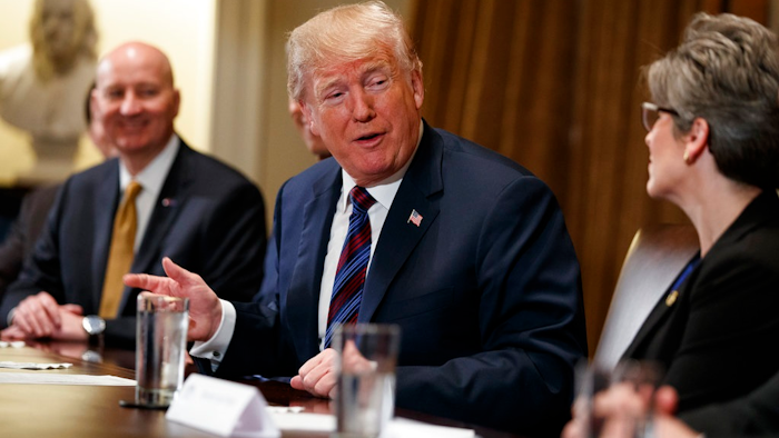Gov. Pete Ricketts, R-Neb., left, listens as President Donald Trump speaks to Sen. Joni Ernst, R-Iowa, during a meeting with governors and lawmakers in the Cabinet Room of the White House, Thursday, April 12, 2018, in Washington.
