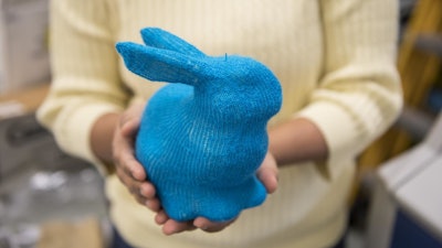 This plush, stuffed bunny was automatically produced from a 3-D mesh using a Carnegie Mellon University system for translating the shape automatically into stitch-by-stitch instructions for a knitting machine.