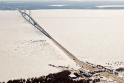 This aerial file photo shows a view of the Mackinac Bridge, which spans a 5-mile-wide freshwater channel called the Straits of Mackinac that separates Michigan's upper and lower peninsulas.