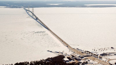This aerial file photo shows a view of the Mackinac Bridge, which spans a 5-mile-wide freshwater channel called the Straits of Mackinac that separates Michigan's upper and lower peninsulas.