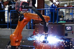 Shimizu Corp.'s Robo-Welder is demonstrated during a press tour to the major Japanese construction company's robot laboratory in Tokyo, Monday, April 23, 2018. The Robo-Welder has a robotic arm that uses laser shape measurement to determine the contours of a groove, or channel, on a steel column to be welded. Shimizu showed several robots that can weld and bolt, being developed for construction sites for safety for workers.