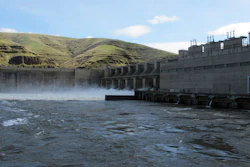 Water moves through a spillway of the Lower Granite Dam on the Snake River near Almota, Washington.