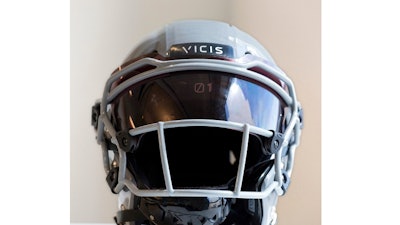 In this Sept. 11, 2017, file photo, a VICIS Zero1 helmet is displayed in New York. The NFL for the first time is prohibiting certain helmets from being worn by players. In notifying the 32 teams Monday, April 16, 2018, the league has sought to have players stop using 10 helmet varieties. Laboratory testing showed that the VICIS Zero 1 models of 2017 and 2018 rate best for player safety.