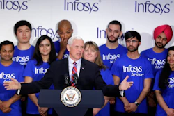 Vice President Mike Pence speaks during a Infosys economic development announcement, Thursday, April 26, 2018, in Indianapolis. The India-based information technology company plans to start a training center in Indianapolis and add 1,000 jobs on top of the 2,000 positions it announced for the city a year ago.