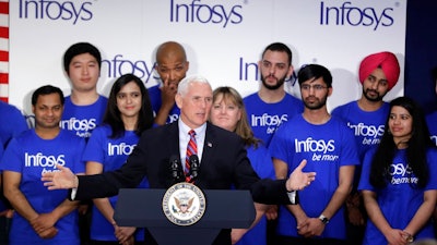 Vice President Mike Pence speaks during a Infosys economic development announcement, Thursday, April 26, 2018, in Indianapolis. The India-based information technology company plans to start a training center in Indianapolis and add 1,000 jobs on top of the 2,000 positions it announced for the city a year ago.