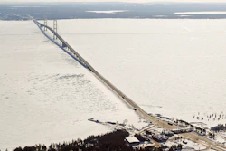 This aerial file photo shows a view of the Mackinac Bridge, which spans a 5-mile-wide freshwater channel called the Straits of Mackinac that separates Michigan's upper and lower peninsulas.