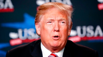 In this April 16, 2018, photo, President Donald Trump speaks at an event to promote his tax cut package in Hialeah, Fla. Trump will play host to Japan’s Shinzo Abe at Mar-a-Lago on Tuesday amid growing strain between the two countries over the president’s planned meeting with North Korean dictator Kim Jong Un and his push for new tariffs.