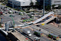 In this March 15, 2018, photo, emergency personnel respond after a brand-new pedestrian bridge collapsed onto a highway at Florida International University in Miami. Nineteen-year-old Richie Humble says he's been haunted by flashbacks and anxiety attacks ever since the bridge fell on the car he was riding in with a fellow student, killing her and five other people. Humble spoke to reporters Monday, April 2, saying the March 15 bridge collapse caused a fracture in his back, as well as knee and neck problems.