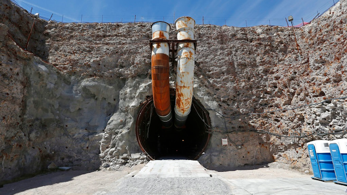 This April 9, 2015, file photo shows the south portal of the proposed Yucca Mountain nuclear waste dump near Mercury, Nev. The House is moving to approve an election-year bill to revive the mothballed nuclear waste dump at Nevada's Yucca Mountain despite opposition from home-state lawmakers.