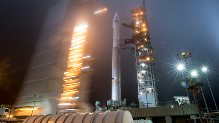 In this photo released by NASA, the mobile service tower at SLC-3 is rolled back to reveal the United Launch Alliance (ULA) Atlas-V rocket with NASA's InSight spacecraft onboard, Friday, May 4, 2018, at Vandenberg Air Force Base in Calif. The rocket is set to launch early Saturday.