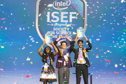 From left: Meghana Bollimpalli, Oliver Nicholls and Dhruvik Parikh celebrate on Friday, May 18, 2018, at the 2018 Intel International Science and Engineering Fair, a program of Society for Science & the Public and the world’s largest international pre-college science competition.
