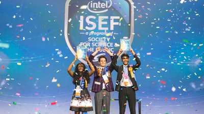 From left: Meghana Bollimpalli, Oliver Nicholls and Dhruvik Parikh celebrate on Friday, May 18, 2018, at the 2018 Intel International Science and Engineering Fair, a program of Society for Science & the Public and the world’s largest international pre-college science competition.
