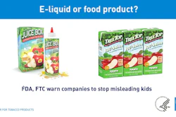 This image provided by the Food and Drug Administration shows an e-liquid nicotine. The US Food and Drug Administration issued warnings Tuesday, May 1, 2018, to more than a dozen makers of liquid nicotine for packaging their vaping formulas to resemble children’s juice boxes, candies and cookies.