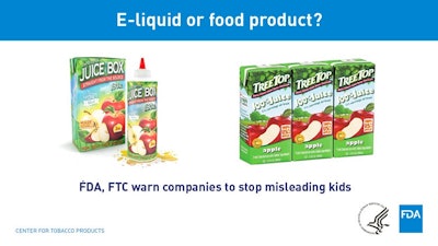 This image provided by the Food and Drug Administration shows an e-liquid nicotine. The US Food and Drug Administration issued warnings Tuesday, May 1, 2018, to more than a dozen makers of liquid nicotine for packaging their vaping formulas to resemble children’s juice boxes, candies and cookies.