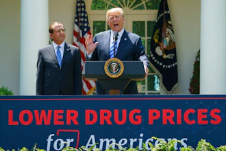 President Donald Trump speaks during an event about prescription drug prices with Health and Human Services Secretary Alex Azar in the Rose Garden of the White House in Washington, Friday, May 11, 2018.