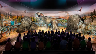 This undated artist rendering provided by BASE Hologram shows a prototype three-dimensional hologram display for a dinosaur exhibit. Jack Horner, a Montana paleontologist who consulted with director Steven Spielberg on the “Jurassic Park” movies is developing a three-dimensional hologram exhibit that will showcase the latest theories on what dinosaurs looked like. Horner and entertainment company Base Hologram are aiming to have multiple traveling exhibits ready to launch in spring 2018.