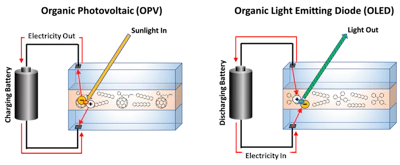 Simplified diagrams of organic photovoltaic cells and organic light emitting diodes show how they operate very similarly, just in reverse.
