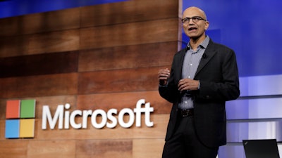 This Nov. 29, 2017, file photo shows Microsoft CEO Satya Nadella speaking at the annual Microsoft shareholders meeting in Bellevue, Wash. Microsoft’s annual Build conference for software development kicks off on Monday, May 7, 2018, giving the company an opportunity to make announcements about its computing platforms or services.