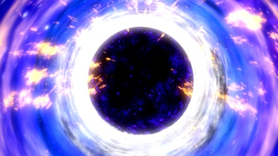 Top-down artist depiction of a tiny black hole and a pileup of gas and matter swirling toward the center.