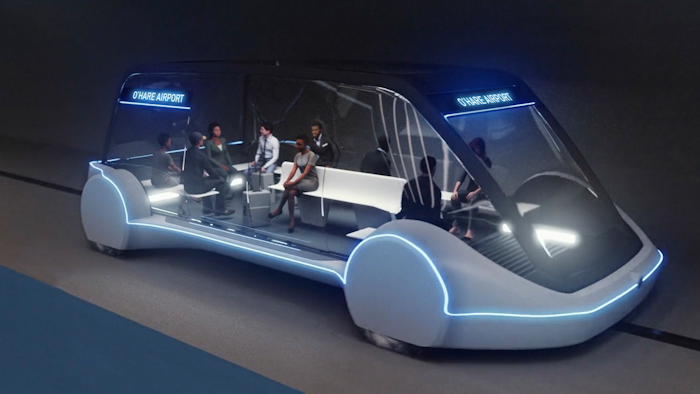This undated artist's rendering provided by The Boring Company, shows an electric public transportation vehicle that is part of a proposed high-speed underground transportation system that will transport passengers from downtown Chicago to O'Hare International Airport. A spokesman for Chicago Mayor Rahm Emanuel confirmed Wednesday, June 13, 2018, that The Boring Company, founded by Tesla CEO Elon Musk has been selected to build the transportation system.