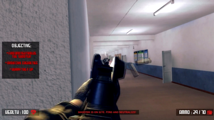 This screen shot taken from YouTube shows a still frame from the video game 'Active Shooter.' Acid Software, the developer of the school shooting video game is defending the product and vowing to continue selling it online as parents of slain children and other mass shooting victims work to get the game wiped off the internet. The developer recently set up two websites for the game after it was removed from the webpages of video game marketplace Steam and crowdfunding site Indiegogo.