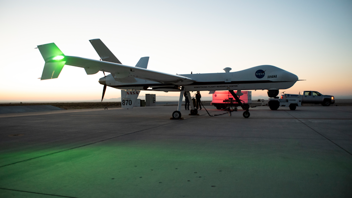 Aircraft maintenance crews at NASA‘s Armstrong Flight Research Center prepare the remotely-piloted Ikhana aircraft for a test flight June 12, 2018. The test flight was performed to validate key technologies and operations necessary for the Federal Aviation Administration's approval to fly the aircraft in the public airspace without a safety chase aircraft.