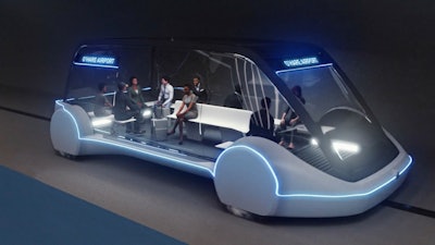 This undated artist's rendering provided by The Boring Company, shows an electric public transportation vehicle that is part of a proposed high-speed underground transportation system that will transport passengers from downtown Chicago to O'Hare International Airport. A spokesman for Chicago Mayor Rahm Emanuel confirmed Wednesday, June 13, 2018, that The Boring Company, founded by Tesla CEO Elon Musk has been selected to build the transportation system.