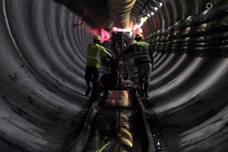 In this Wednesday, May 16, 2018 photo, tunnel workers push equipment up a rail track to a machine boring a 2.5-mile bypass tunnel for the Delaware Aqueduct, in Marlboro, N.Y. Hard-hat workers are toiling deep underground, 55 stories beneath the Hudson River, to eliminate gushing leaks in an aging tunnel that carries half the city's water supply over 85 miles from Catskill Mountain reservoirs.