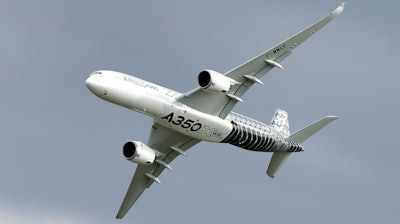 In this Wednesday, April 25, 2018 file photo, an Airbus A350 flies during the ILA Berlin Air Show in Berlin, Germany. Aviation giant Airbus has threatened to leave Britain if the country leaves the European Union without an agreement on future trading relations.