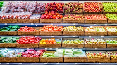 Fresh Fruits And Vegetables On Shelf In Market 908168476 4549x1985