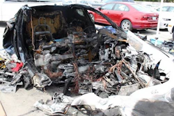 Remains of the Tesla Model S at a storage yard.
