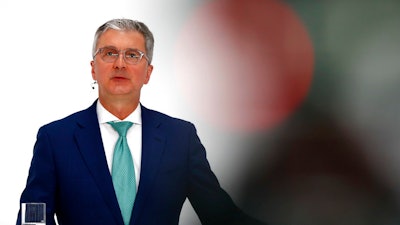 In this Thursday, March 15, 2018 file photo, Rupert Stadler, CEO of German car producer Audi, briefs the media during the annual press conference in Ingolstadt, Germany. German authorities have detained the chief executive of Volkswagen's Audi division, Rupert Stadler, as part of a probe into manipulation of emissions controls.