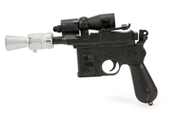 This photo provided by Julien's Auctions shows character Han Solo's BlasTech DL-44 blaster from the Star Wars trilogy film 'Return of the Jedi' (Lucasfilm, 1983) that sold for $550,000 at Julien's Auctions Hollywood Legends auction at Planet Hollywood Resort & Casino, in Las Vegas, on Saturday, June 23, 2018. Julien’s Auctions say Ripley’s Believe It Or Not purchased the sci-fi weapon.