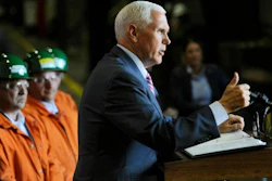 Vice President Mike Pence speaks to employees of Nucor Steel Auburn Inc. after a tour of the facility in Auburn, N.Y., Tuesday, June 19, 2018.