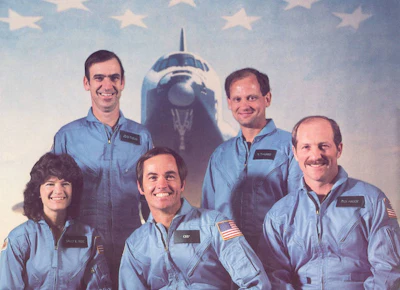 Sally’s first ride, with her STS-7 crewmates. In addition to launching America’s first female astronaut, it was also the first mission with a five-member crew. Front row, left to right: Ride, commander Bob Crippen, pilot Frederick Hauck. Back row, left to right: John Fabian, Norm Thagard.
