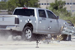 A Dodge pickup traveling at more than 60 mph decelerates as a median barrier absorbs the energy during a crash test at UNL’s Midwest Roadside Safety Facility in Lincoln, Neb. A University of Nebraska-Lincoln engineering team is testing an improved highway safety device to ensure it meets new safety standards the university experts helped write.