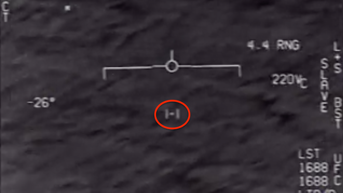 US F/A-18 footage of a UFO (circled in red). Creative Commons Attribution-Share Alike 4.0 International license.